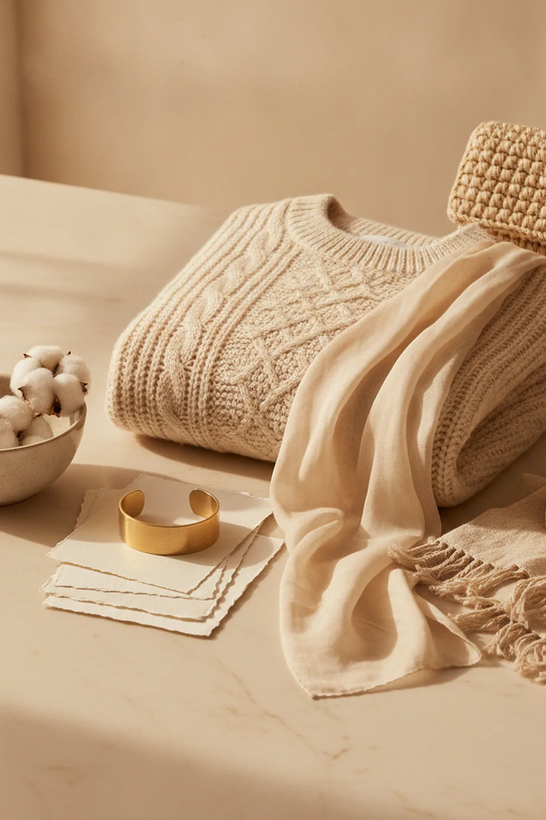Color story ivory monochrome textures, styled flat lay.
