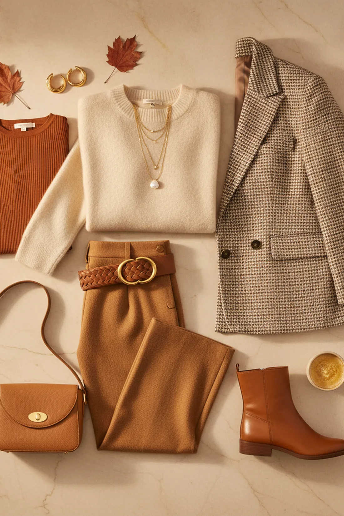 Capsule wardrobe flat lay autumn edition, styled flat lay.