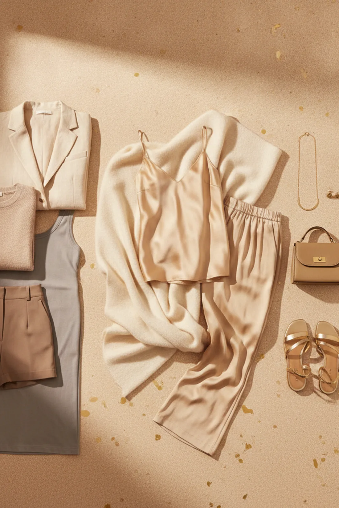 Twelve piece travel capsule flat lay, styled flat lay.